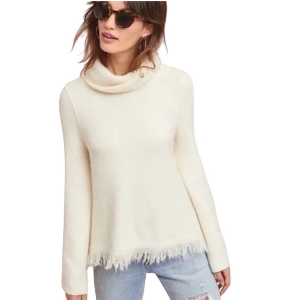 Anthropologie Akemi + Kin Ivory Cowl/Funnel Neck Fringe Hem Sweater Size S